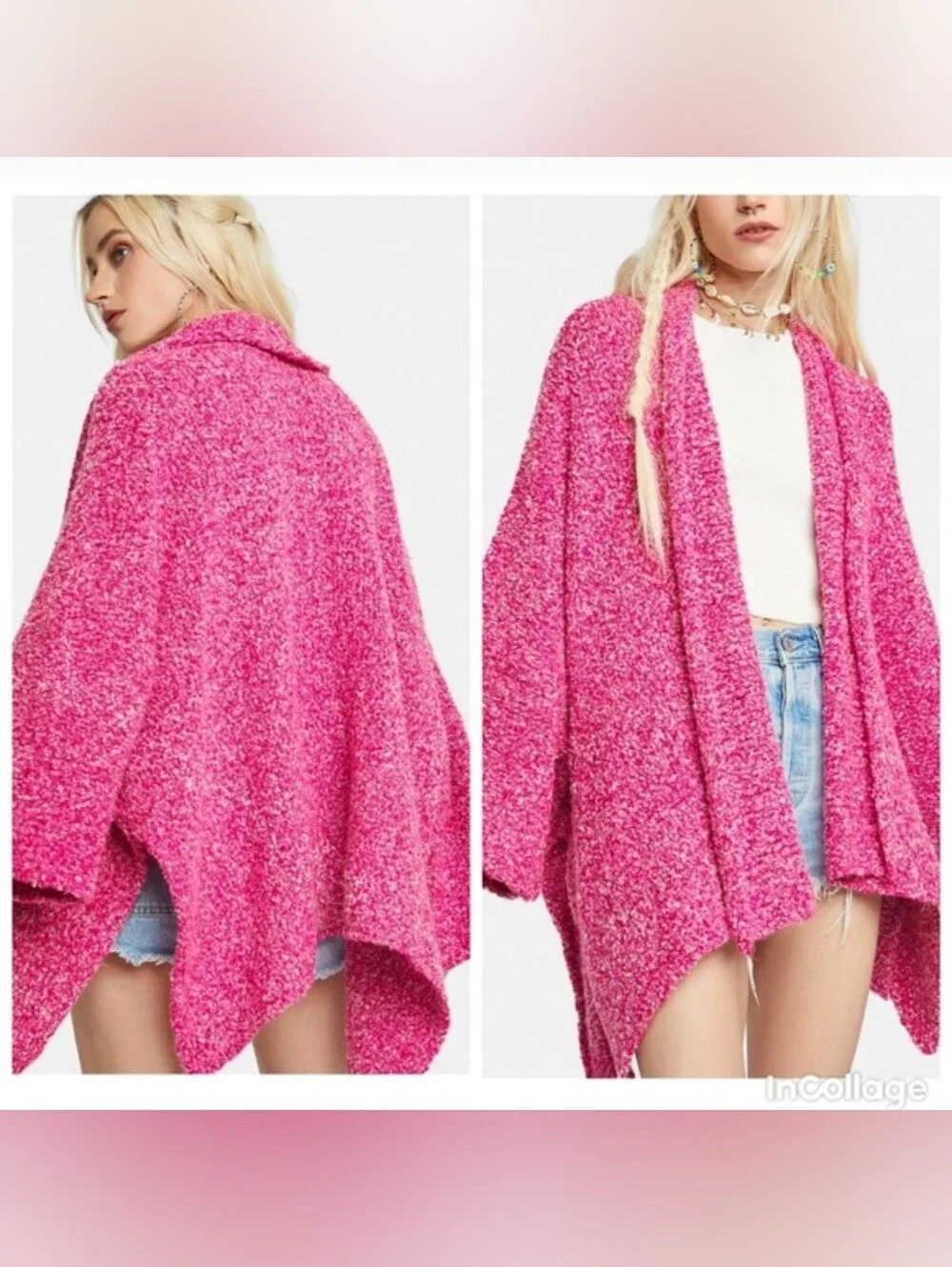 Free People XS BFF Oversized Cardigan Barbiecore Prickly Pear Pink Open Front